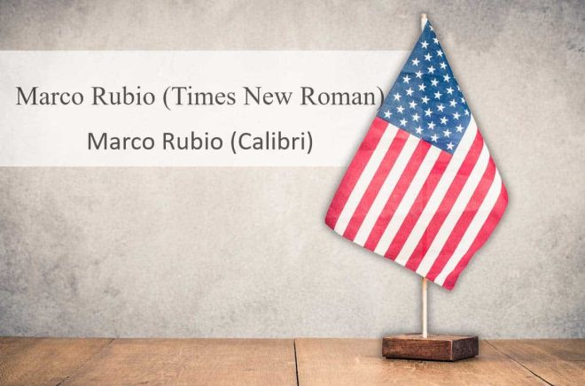 Times New Roman är mer professionellt än Calibri, menar USA:s utrikesminister Marco Rubio. Calibri är ett typsnitt som är mer lättläst för personer med dyslexi eller synproblem. Foto: iStock. Montage: Boktugg.