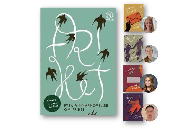 Tävlingen är ett samarbete mellan Akademibokhandeln och Novellix. Initiativet är en del i Akademibokhandelns projekt Vässa pennan, som syftar till att främja skrivande hos barn och unga. Totalt deltog dryga 400 skolklasser och juryn fick läsa och utvärdera över 2 200 välskrivna noveller. Vinnarna har nu korats, och deras noveller kommer att ges ut i en unik novellsamling: Frihet – fyra vinnarnoveller. Pressbild.