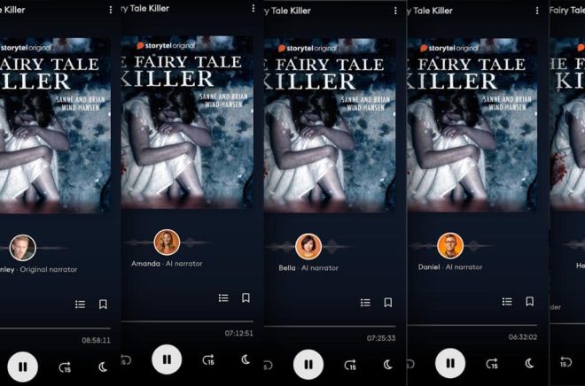 En av ljudböckerna som Storytel-abonnenter nu kan lyssna till och utöver originalinläsningen välja mellan fyra AI-röster som alternativ. Montage: Boktugg.