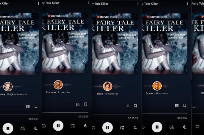 En av ljudböckerna som Storytel-abonnenter nu kan lyssna till och utöver originalinläsningen välja mellan fyra AI-röster som alternativ. Montage: Boktugg.
