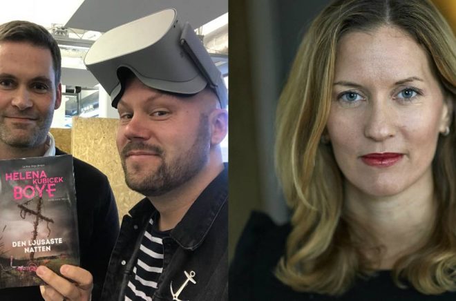 Till vänster: Pär Sikö på Jayway och Björn Gadd på Bokfabriken med VR-glasögon. Till höger: Helena Kubicek Boye. Foto: Pressbild