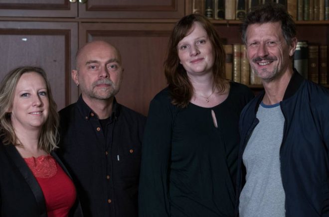 Författarna i Storytels writers' room: Felicia Welander, Gunnar Svensén, Karin Janson, Magnus Abrahamsson. Foto: Oskar Eklind